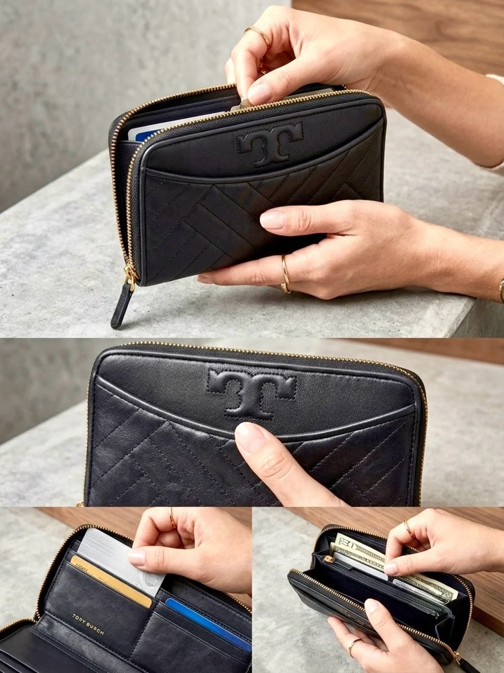 Tory Burch Black Quilted Leather Zip Around Continental Long Wallet